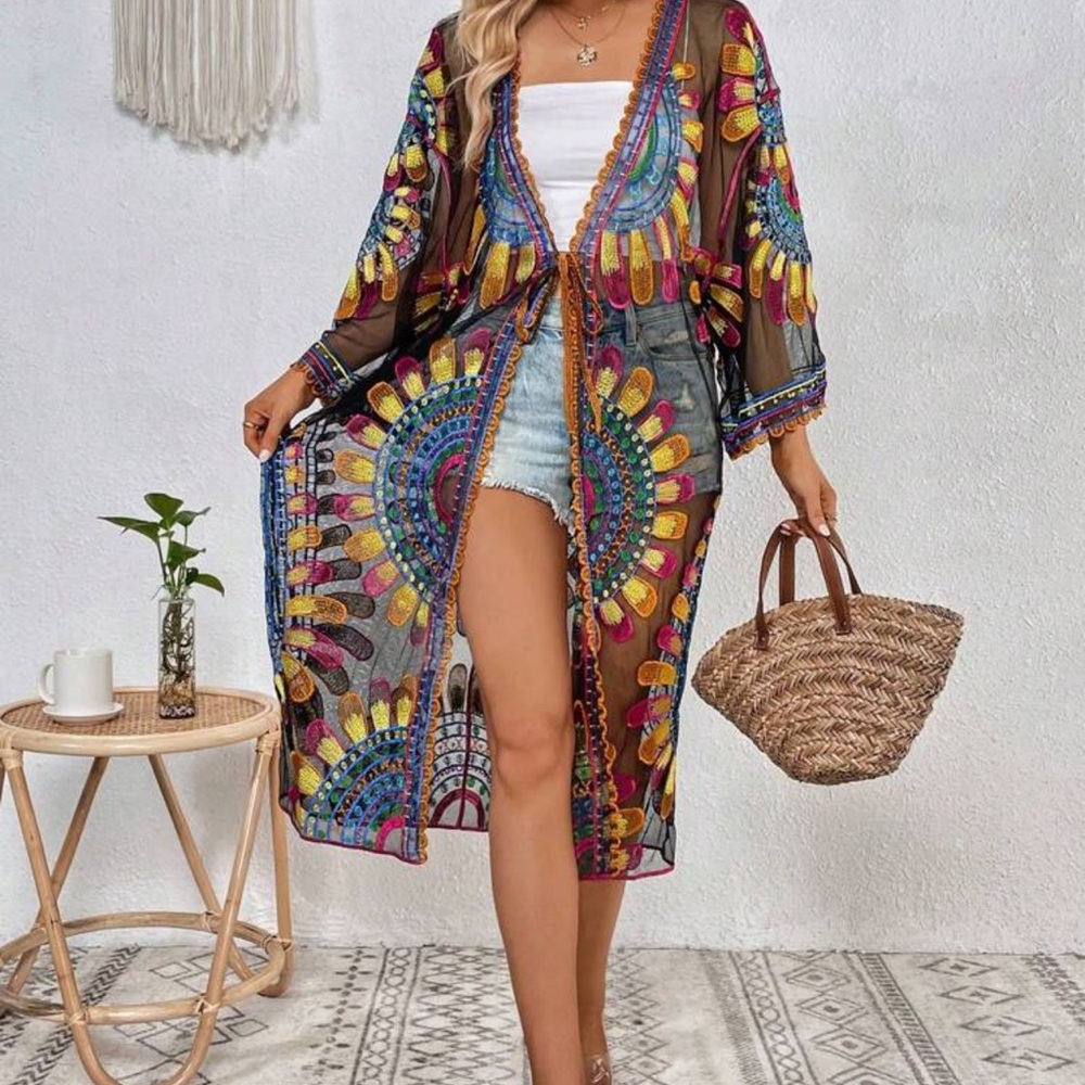 58) Colorful Bohemian Sheer Kimono embroidered NEW Women’s one size - Picture 6 of 7